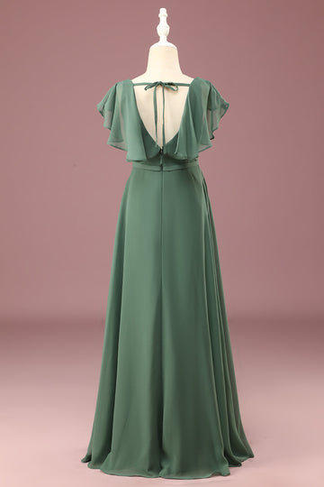 Eucalyptus A-line Long Cap Sleeve Chiffon Junior Bridesmaid Dress